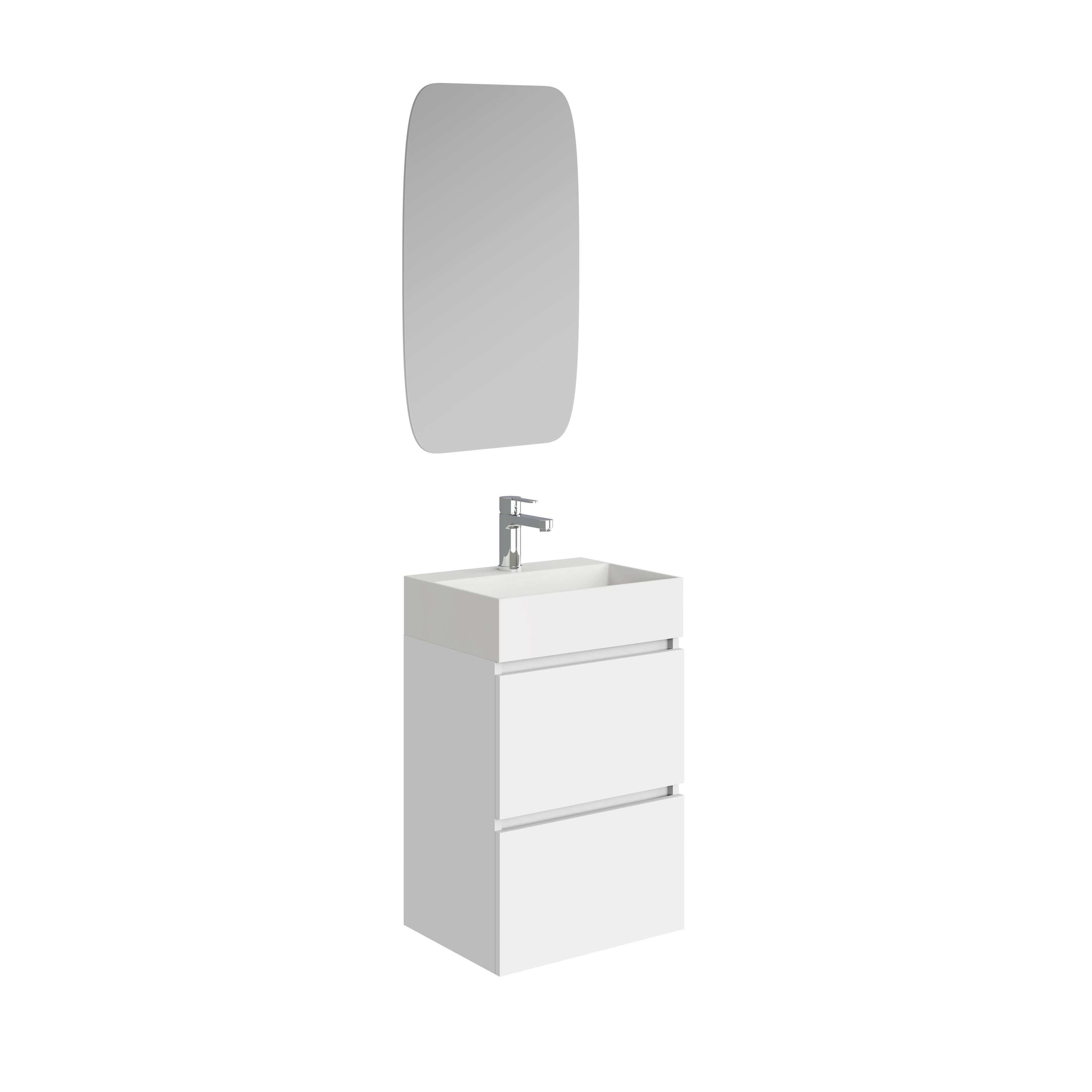 Mini onderkast met 2 laden glans wit en wastafel keramiek glans wit 45 cm inclusief spiegel – Xellanz – Mat Zwart – Badkamermeubelset | Dealplein