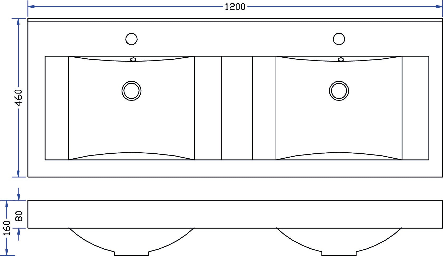 Maattekening Tigris wastafel dubbel met 2 kraangaten 120x46x8 cm kunstmarmer glans wit