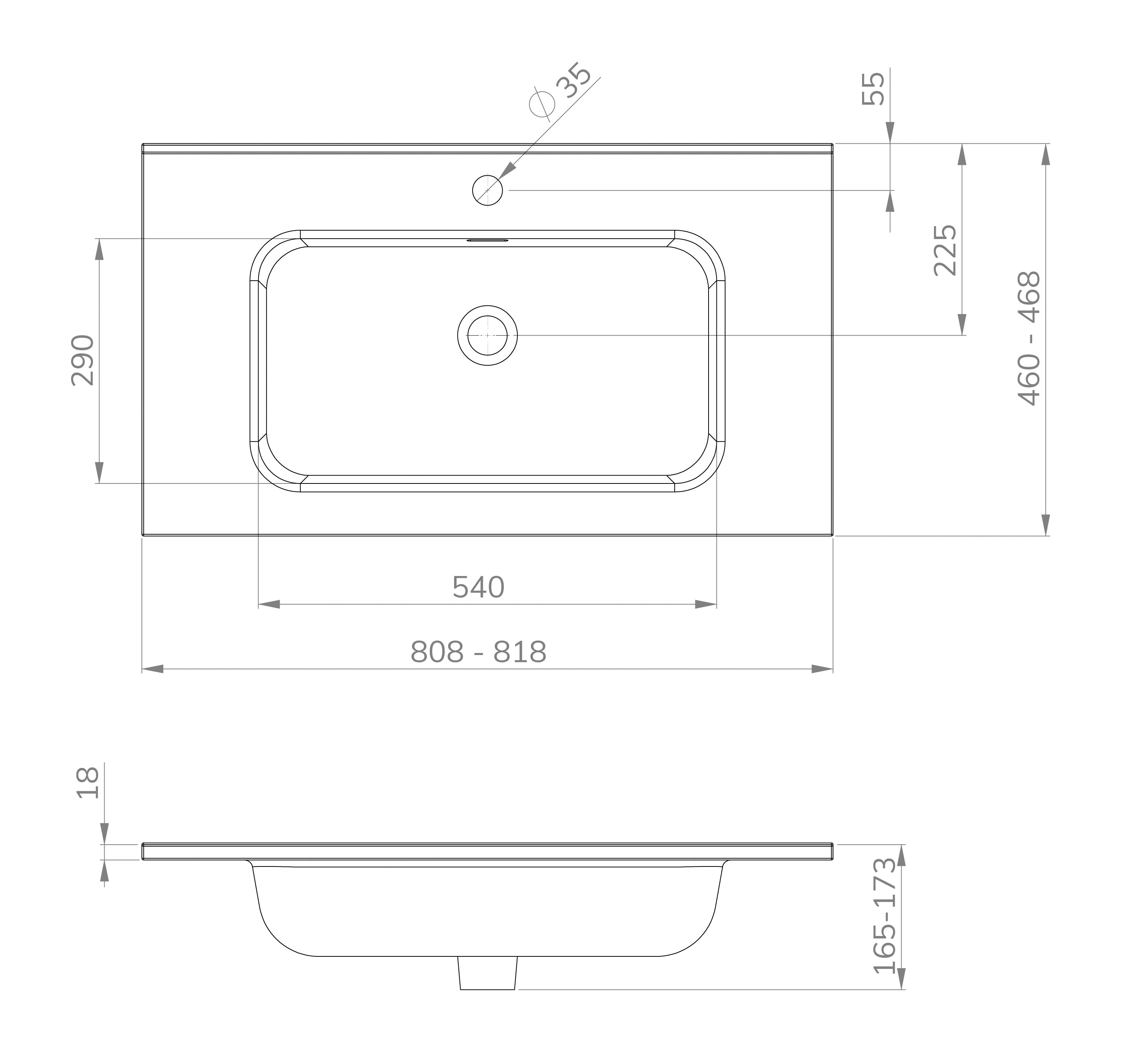 Bajo wastafel enkel met 1 kraangat 80 x 46 x 1,8 cm keramiek mat wit maattekening – 80 x 46 x 1,8 cm | Dealplein