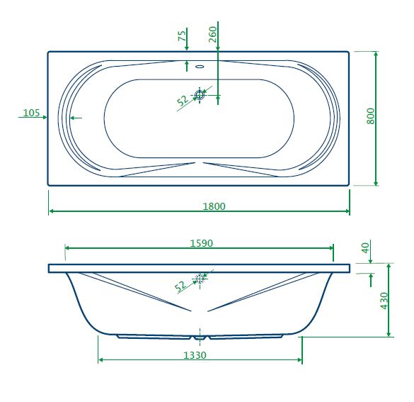 Schuit bad 180x80x43cm zonder poten