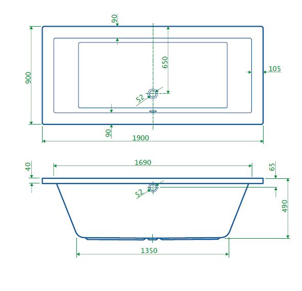 Lounge-190 Bad 190x90x49cm zonder Poten