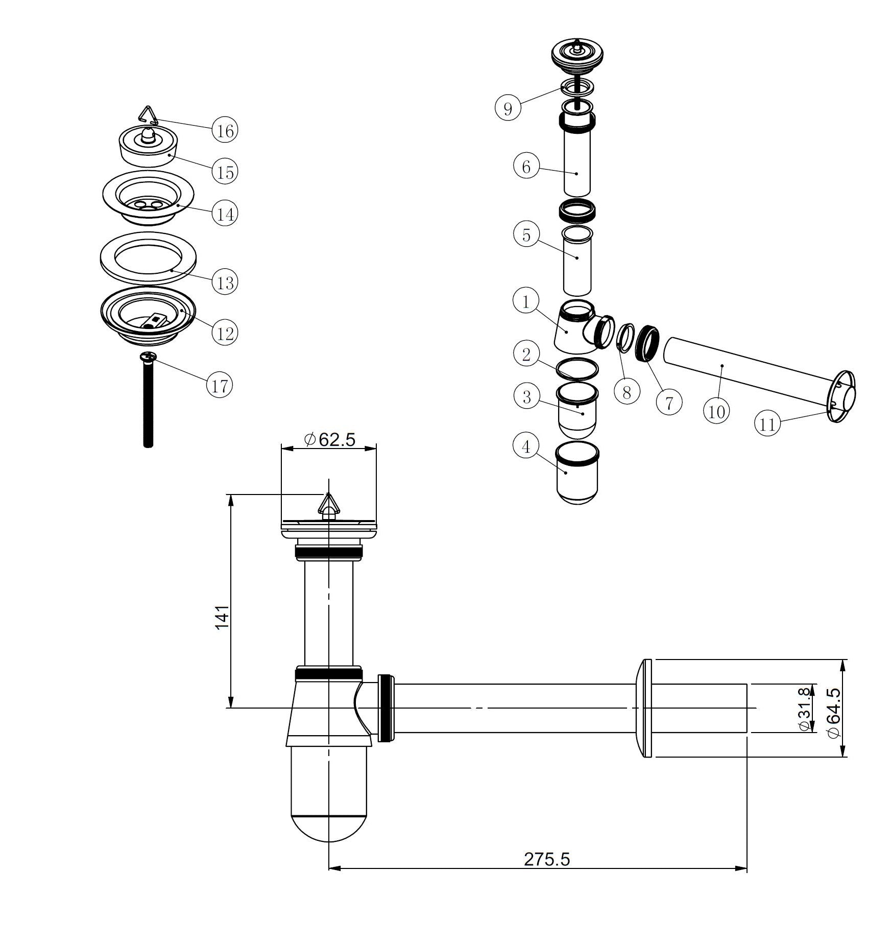 Chroom plug & beker sifon (2 in 1) 5/4 x 32 mm