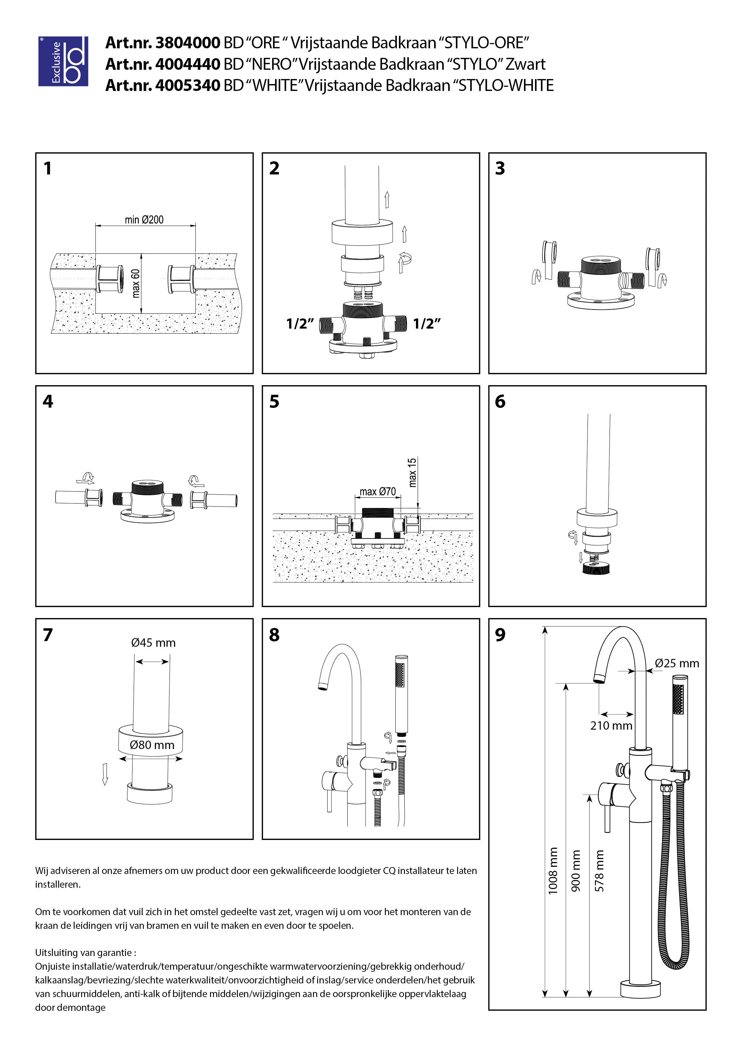 Stylo-Ore vrijstaande badkraan H=98 cm RVS-304