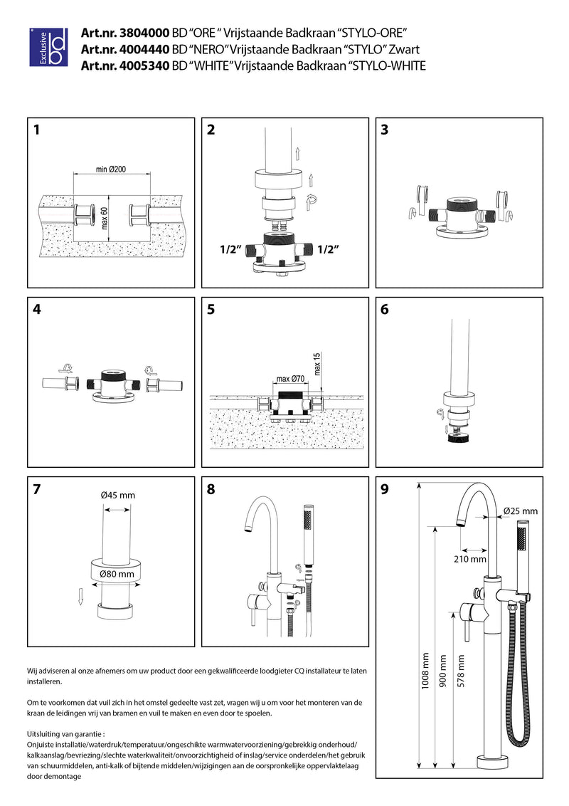 Stylo-Ore vrijstaande badkraan H=98 cm RVS-304