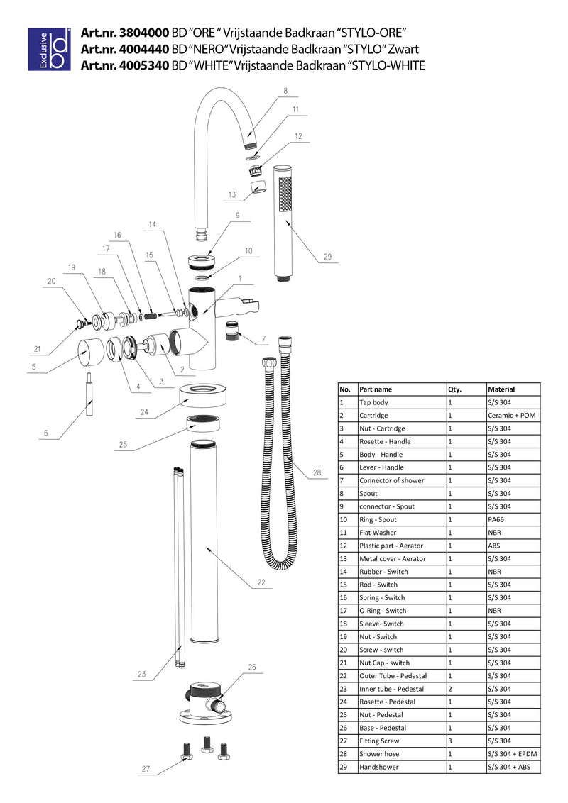 Stylo-Ore vrijstaande badkraan H=98 cm RVS-304