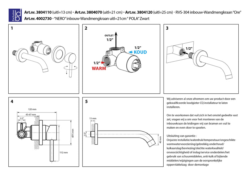 Ore-21 inbouw-wandmengkraan uitl=21cm RVS-304