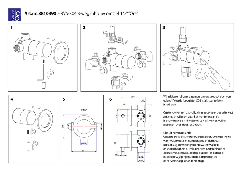 Ore 3-weg inbouw omstel 1/2 RVS-304