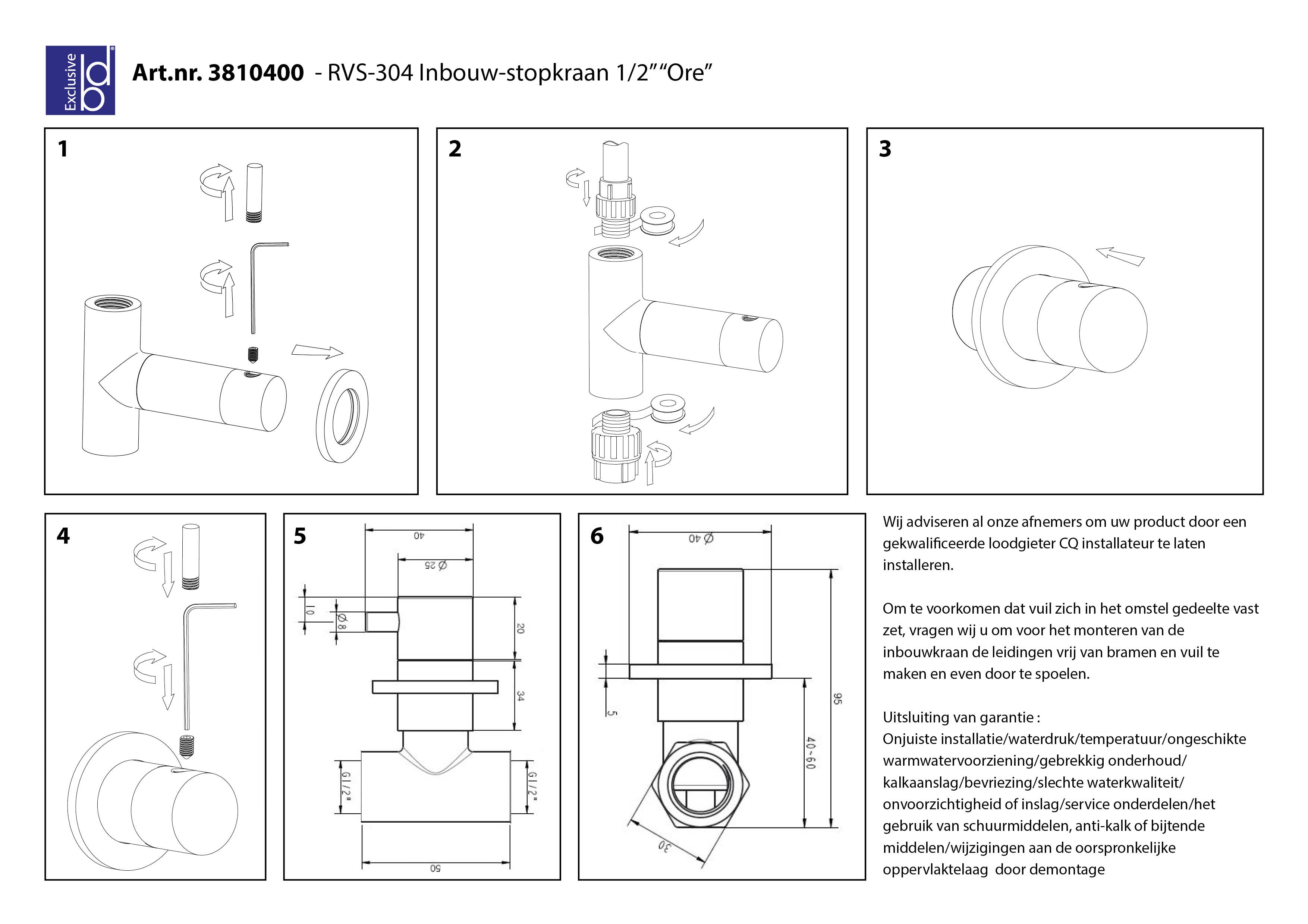 Ore inbouw-stopkraan 1/2 RVS-304