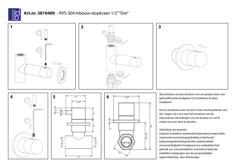 Ore inbouw-stopkraan 1/2 RVS-304