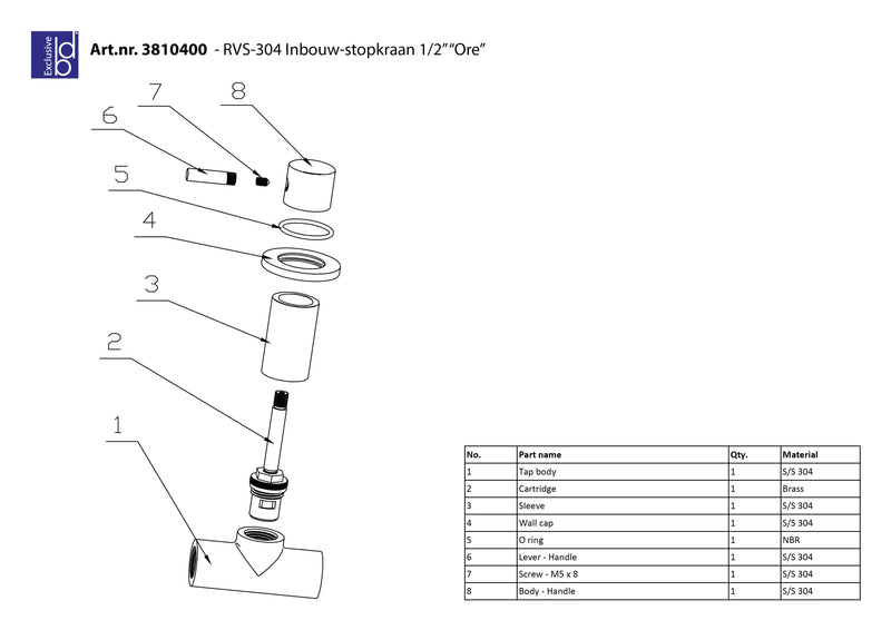 Ore inbouw-stopkraan 1/2 RVS-304