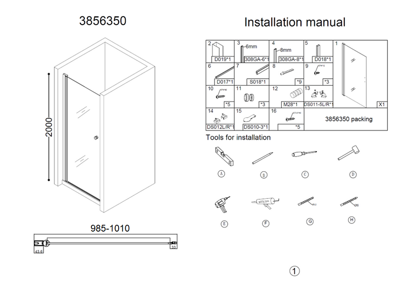 Erico nisdeur met profiel 98,5-100cm H=200cm NANO glas 6mm