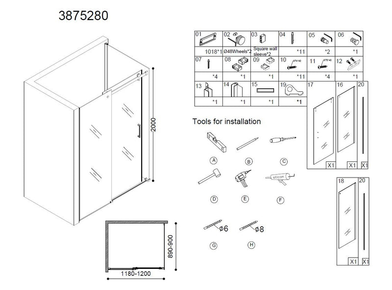 Erico-Rechthoek cabine schuifdeur & wand 120x90x200cm NANO glas 8mm