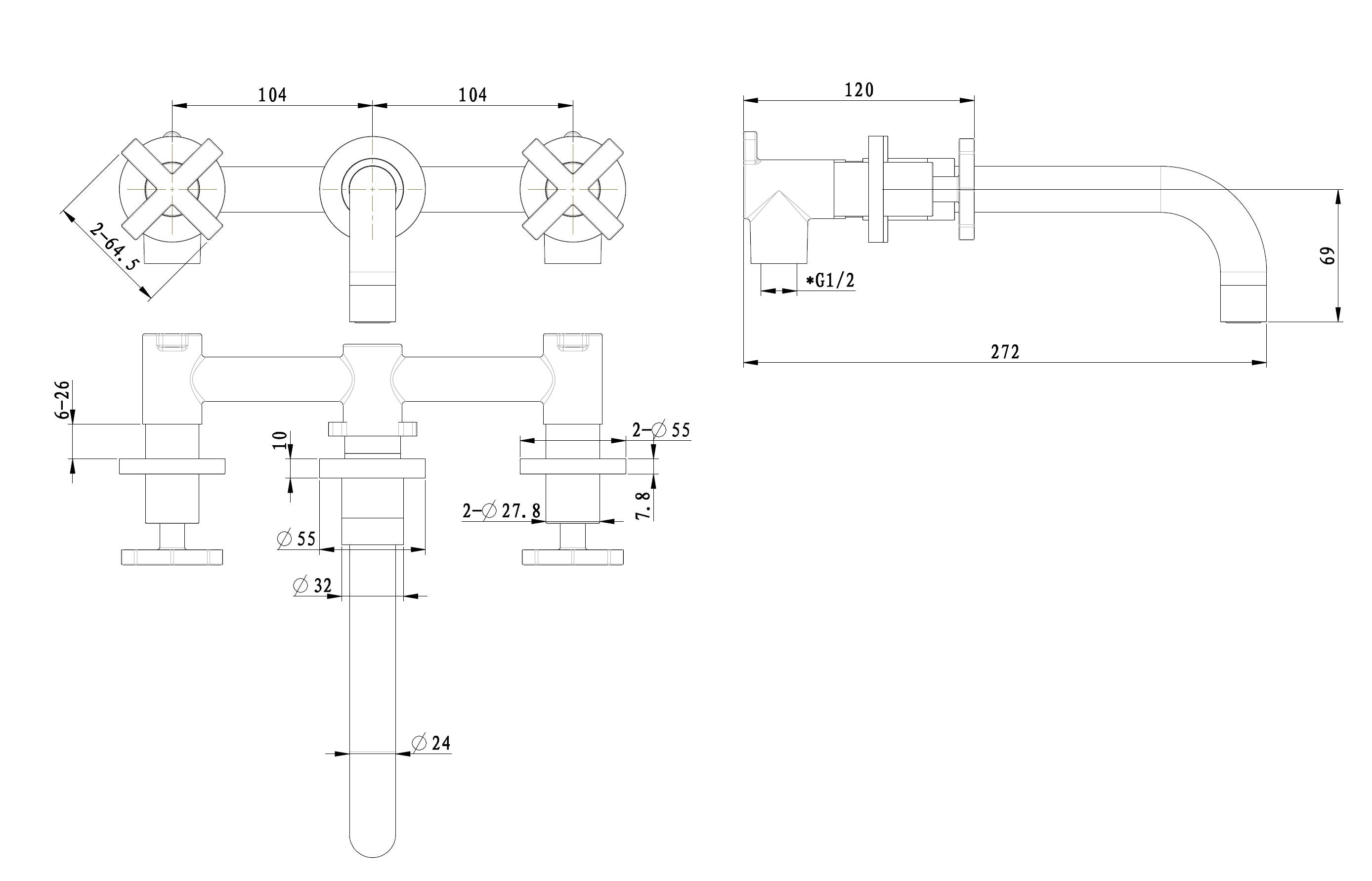 Chrome New-Jax 3-gats inbouw-wandmengkraan