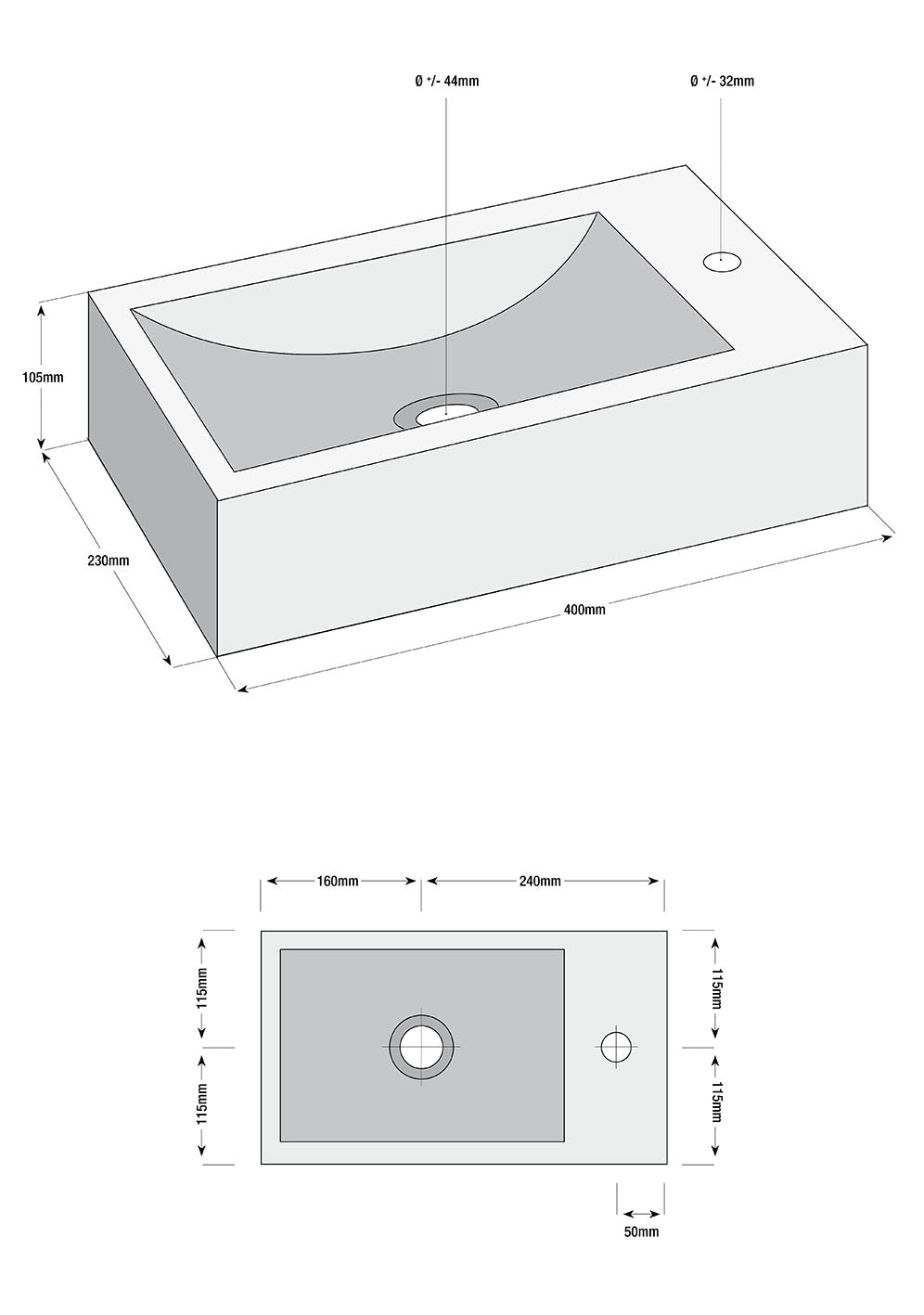 Matera fonteinset rechts 40x23x10.5 maattekening – 40 × 23 × 10,5 cm | Dealplein