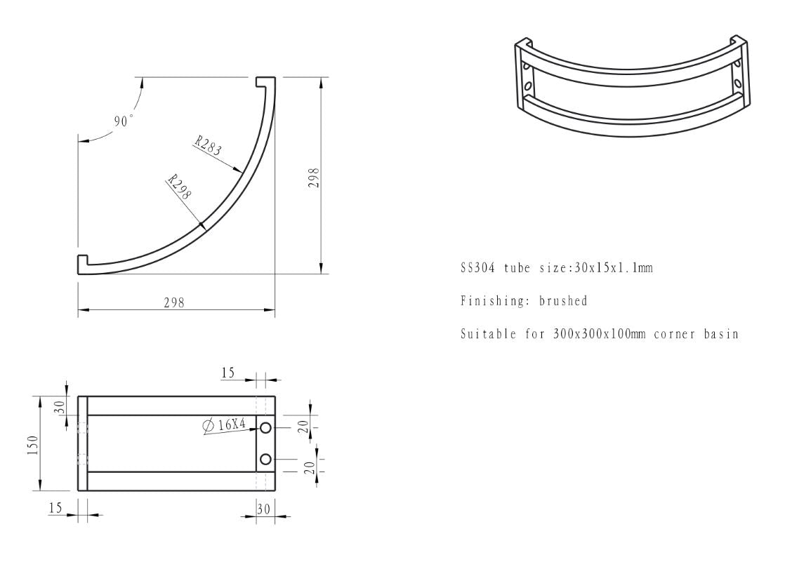 Frame voor hoekfontein 300 x 150 mm RVS - maattekening