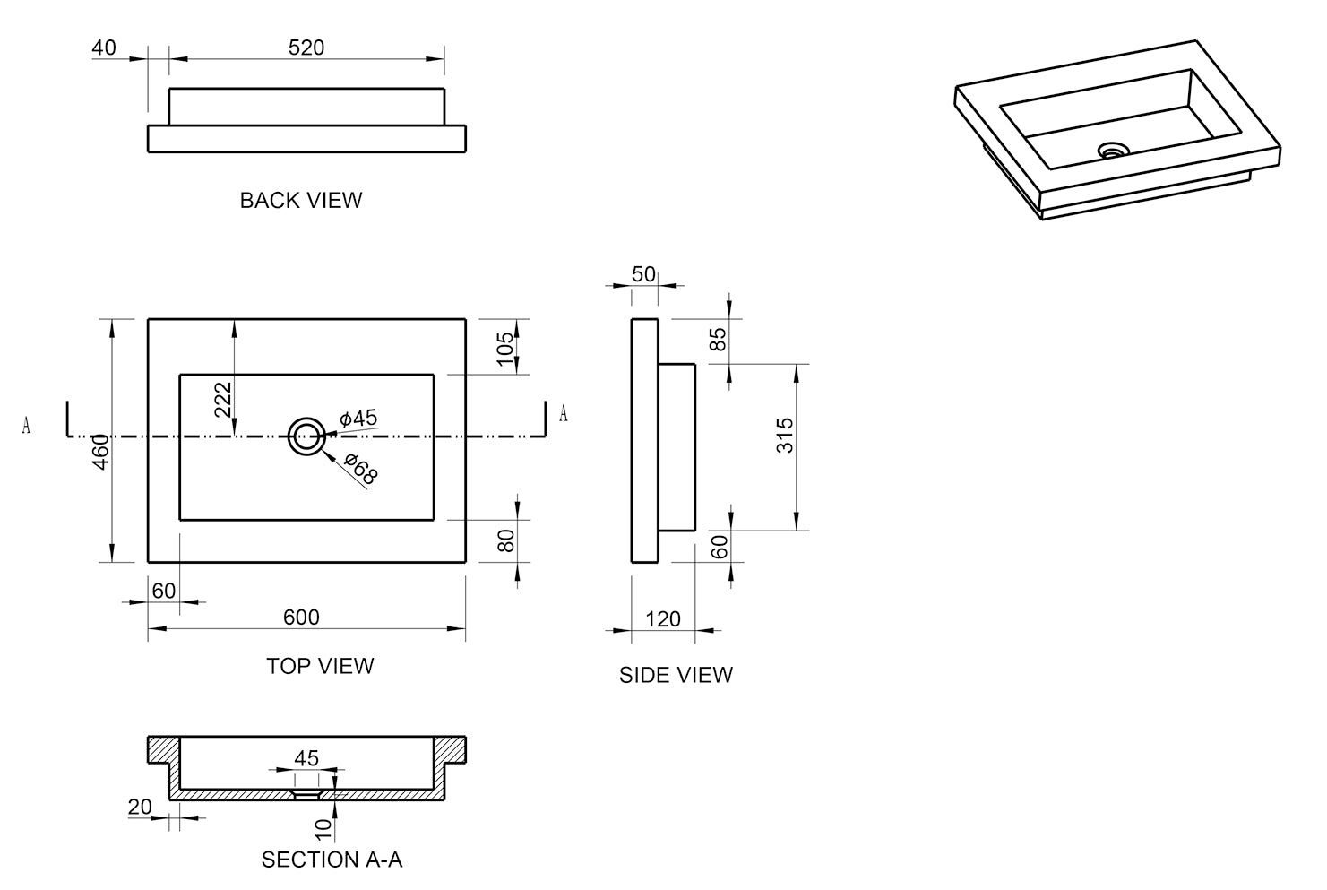 Raw wastafel enkel zonder kraangat 60x46x5 cm hardsteen gezoet maattekening – 60 x 46 x 5 cm | Dealplein