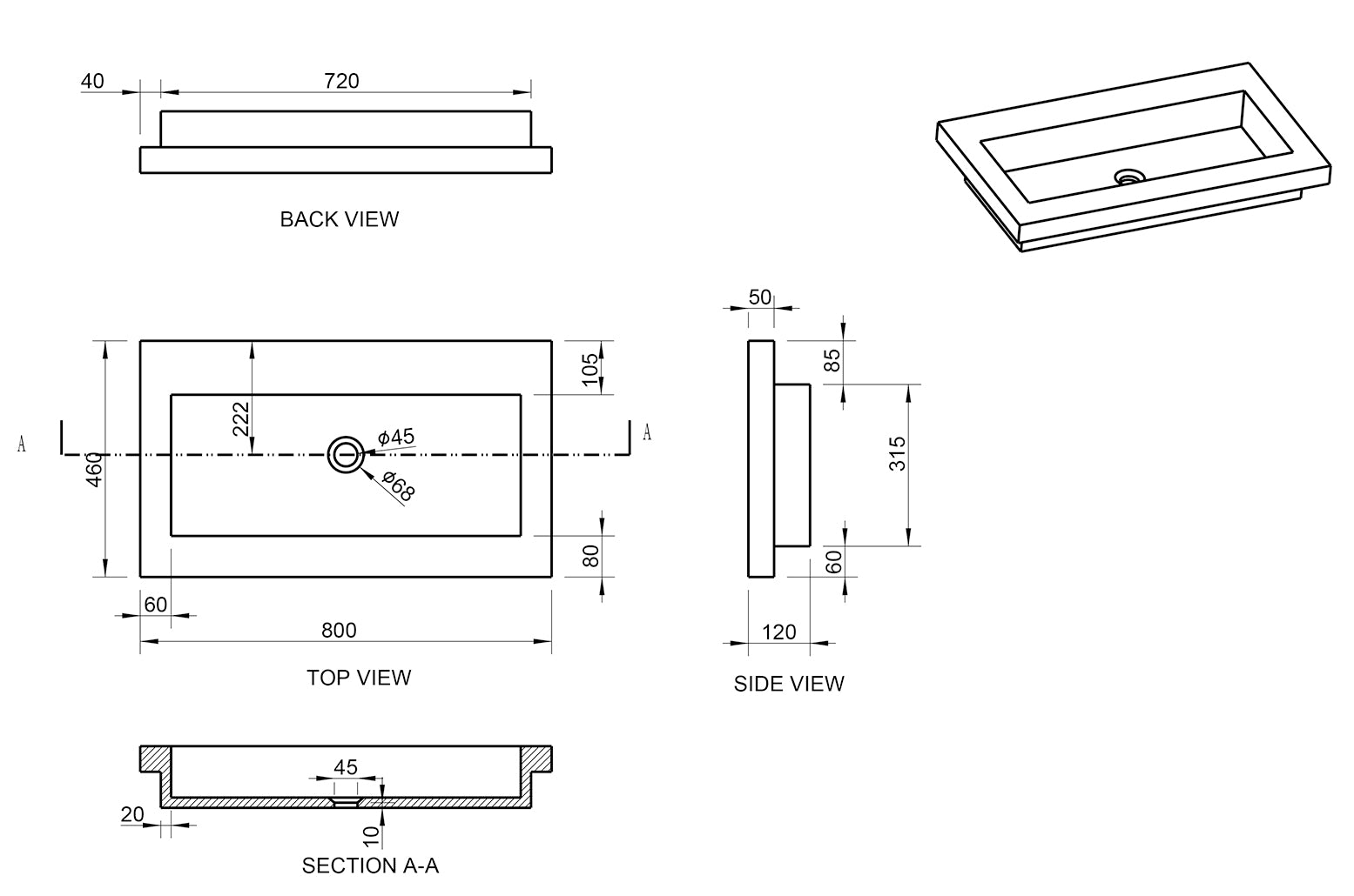 Maattekening Wiesbaden Raw wastafel enkel zonder kraangat 80x46x5 cm hardsteen gezoet