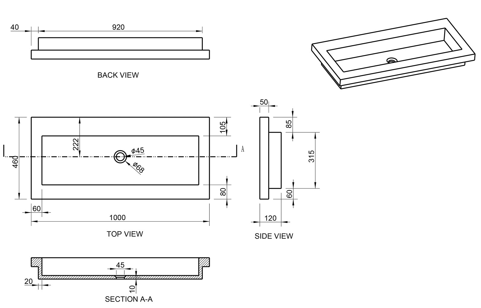 Raw wastafel enkel zonder kraangat 100x46x5 cm hardsteen gezoet maattekening – 100 × 46 × 5 cm | Dealplein