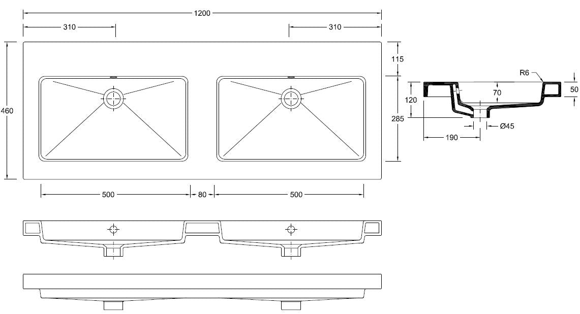 Kera wastafel dubbel zonder kraangat 120x46x5 cm keramiek glans wit maattekening – 120 x 46 x 5 cm | Dealplein
