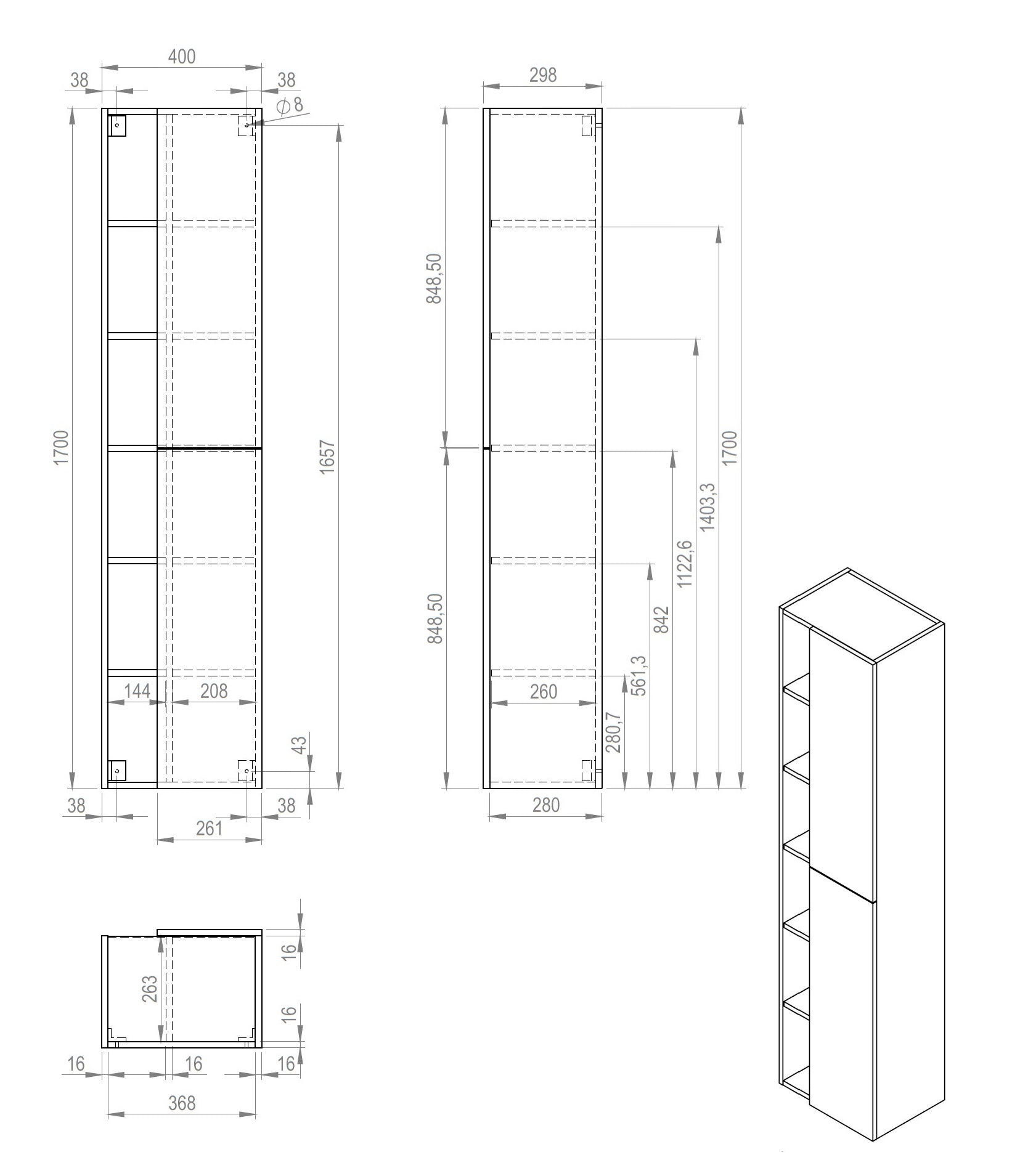 Huza Hoge-Kolomkast L&R 40x170 cm Glans Wit