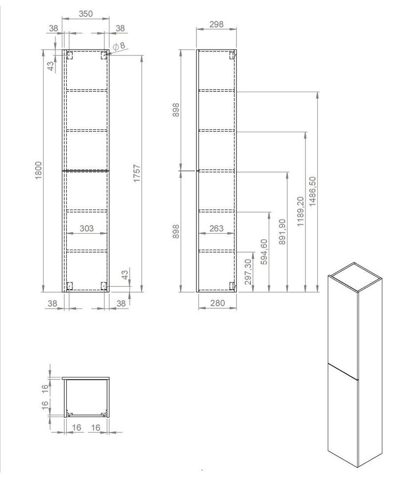 Blanco-Wit hoge kolomkast L&R 35x180 cm Glans-Wit