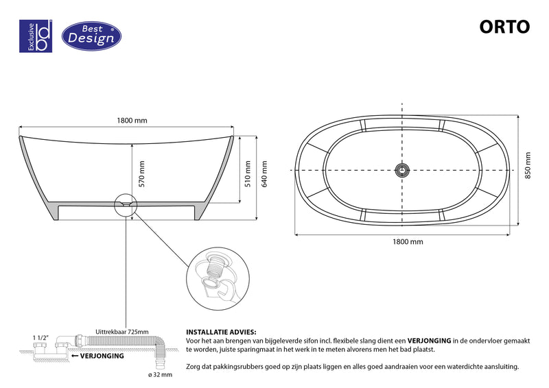 Orto vrijstaand bad Just-Solid 180x85x64cm