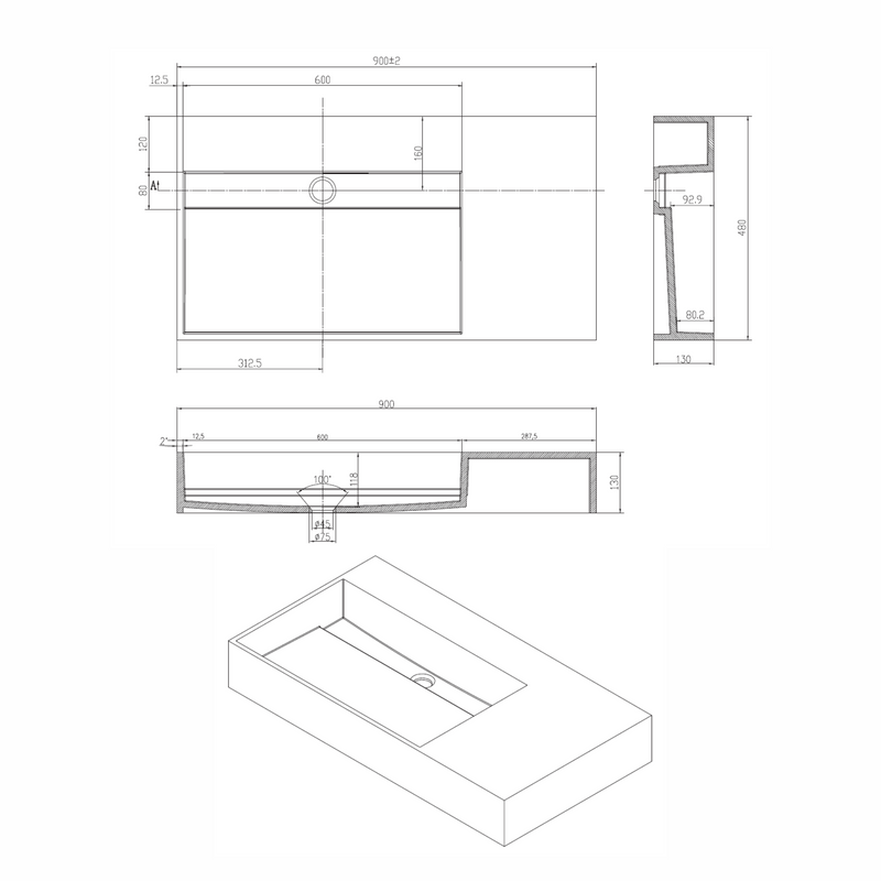 Q90 wastafel Just-Solid 90x48x13cm