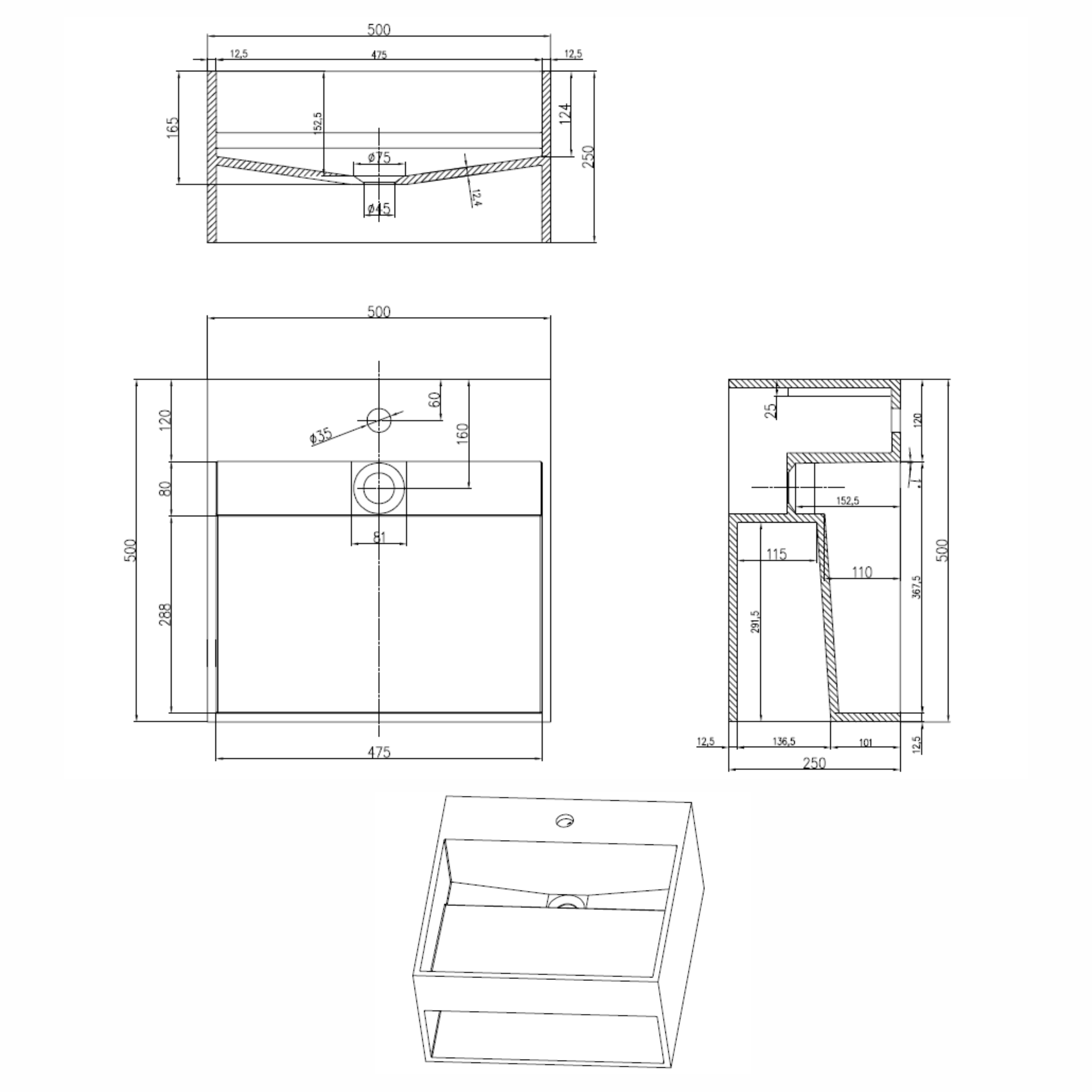 HQ-500 Wastafel Just-Solid 50x50x25cm