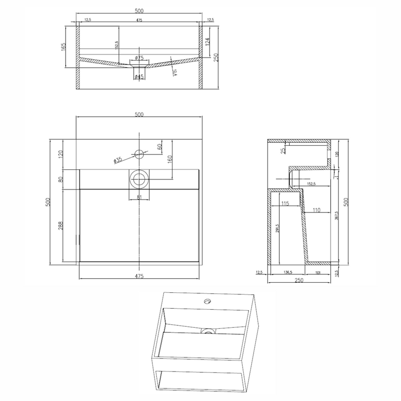 HQ-500 wastafel Just-Solid 50x50x25cm