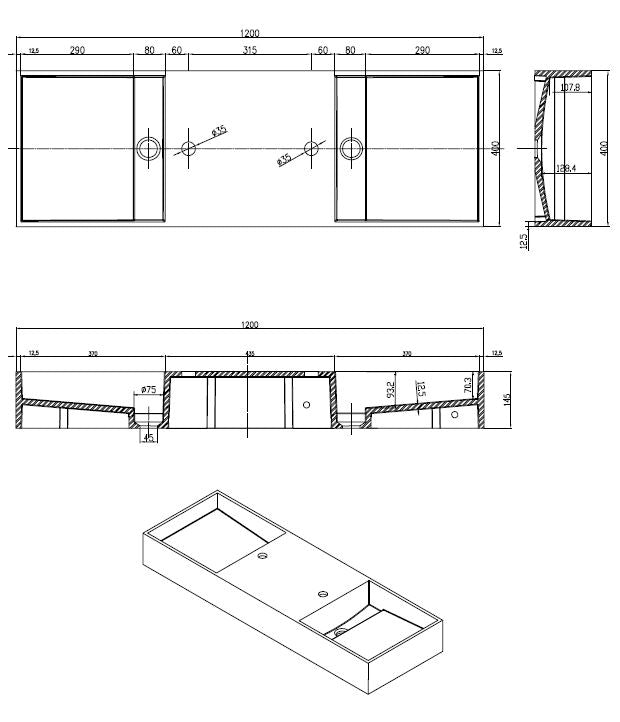 Dubbel-120 Wastafel Just-Solid 120x40x15cm