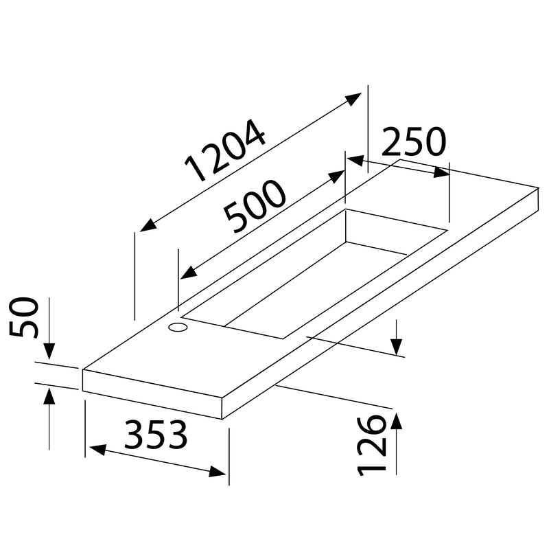 Slim wastafel voor meubel 120 cm (ondiep) 35 cm zonder kraangat