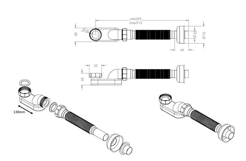 Prome flexibele bad-afvoer-sifon 1 1/2 x 915 mm