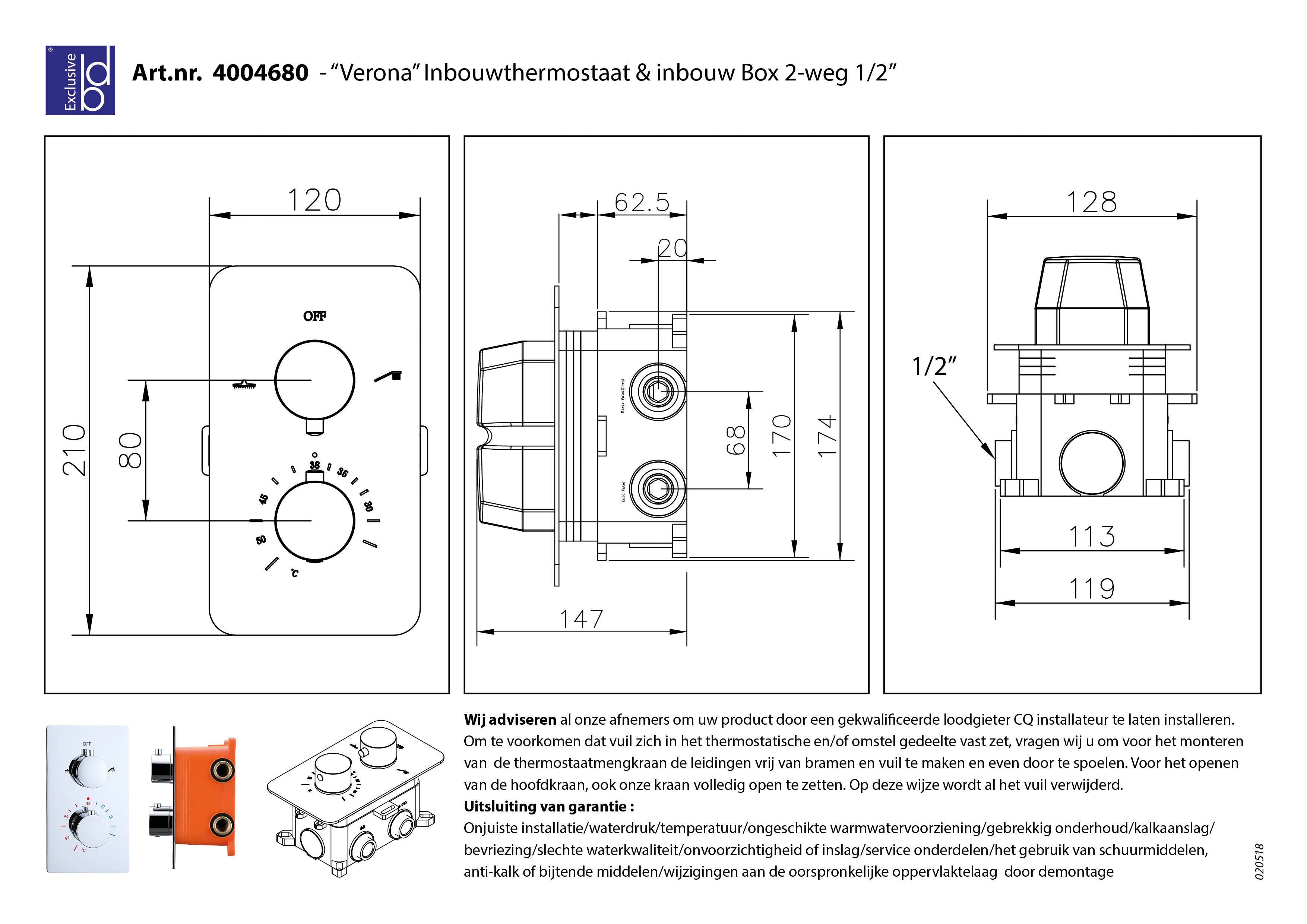 Verona inbouwthermostaat & inb.box 2-weg 1/2 ronde knoppen