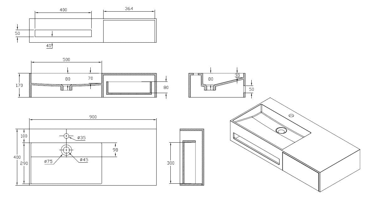 Spring wastafel + lade Just-Solid 90x40x17cm