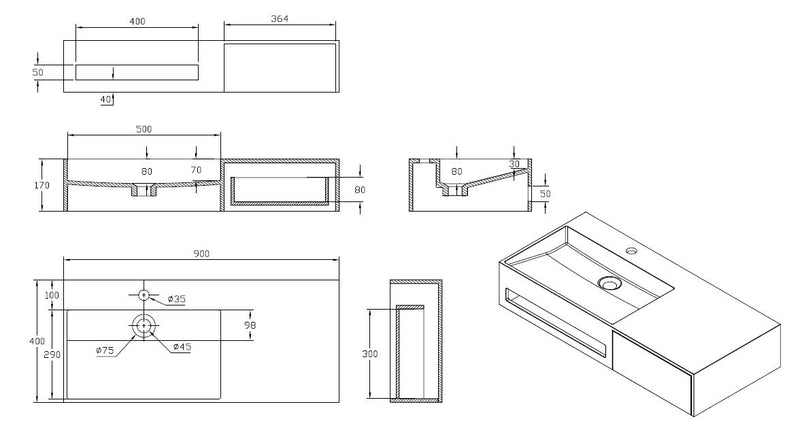 Spring wastafel + lade Just-Solid 90x40x17cm