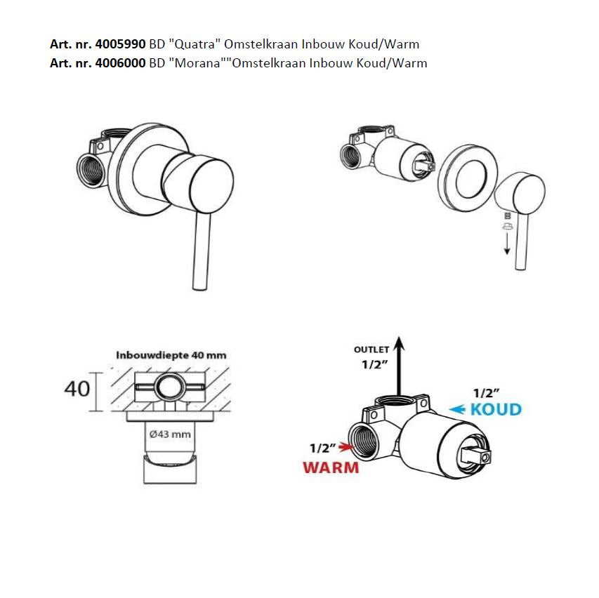 Chrome Quatra Omstelkraan Inbouw Koud/warm