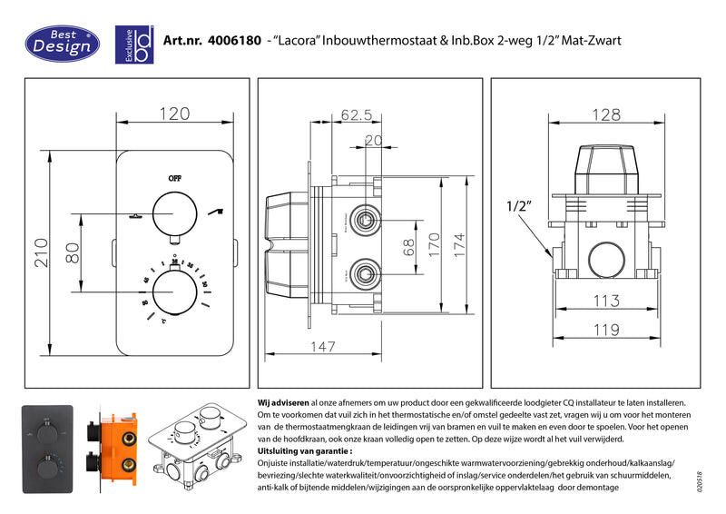 Nero-Lacora inbouwthermostaat & inb.box 2-weg 1/2 mat-zwart