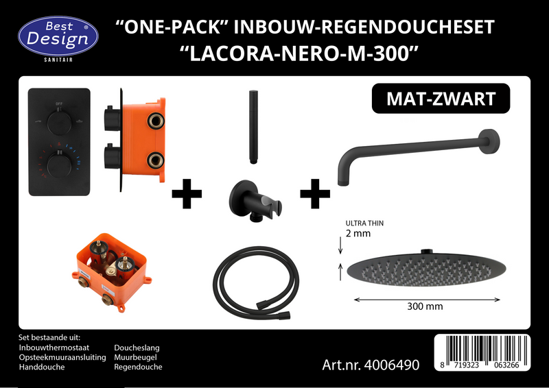 One-Pack inbouw-regendoucheset Lacora-Nero M-300 Mat-Zwart