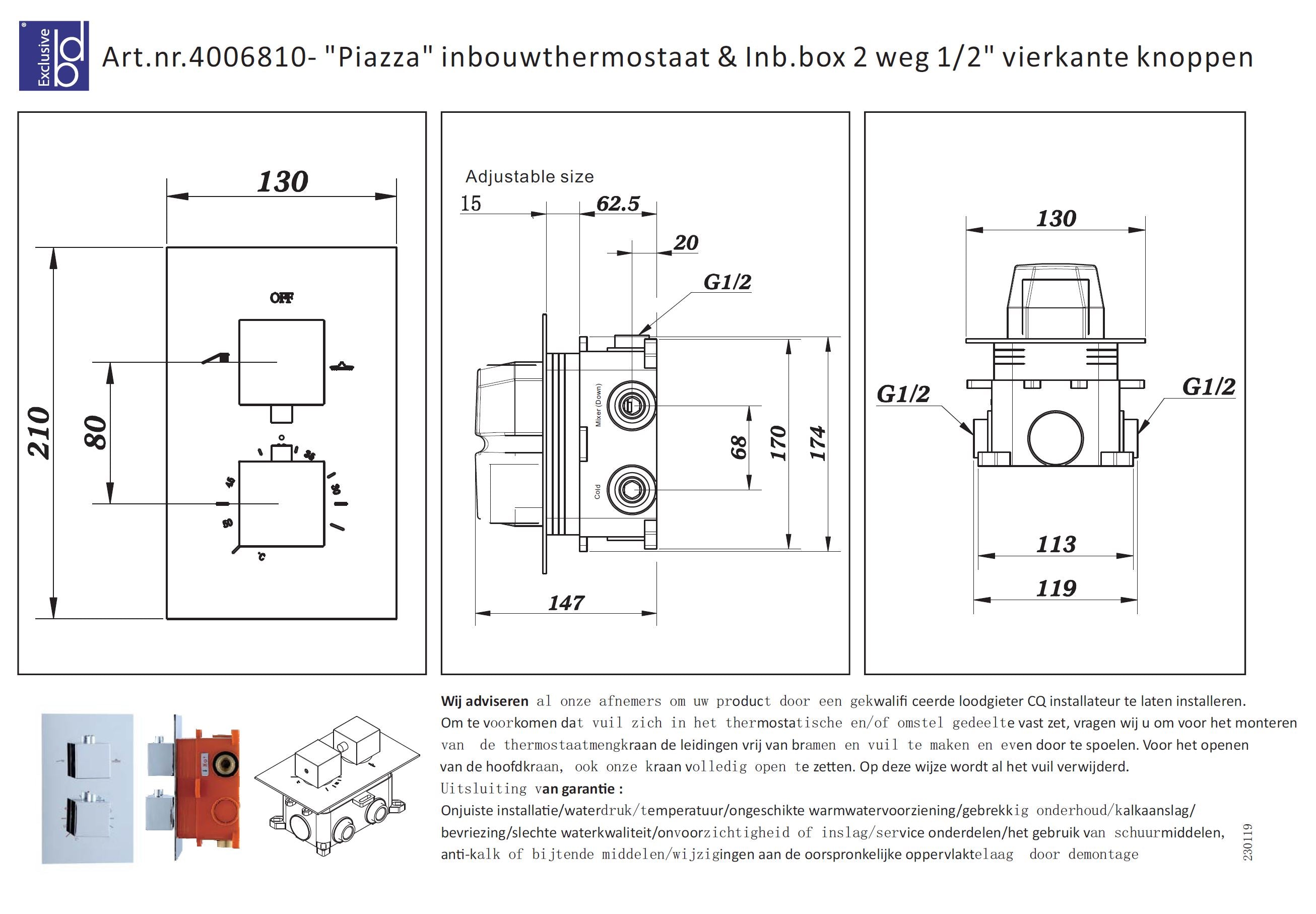 Piazza inbouwthermostaat & Inb.box 2 weg 1/2 vierkante knoppen