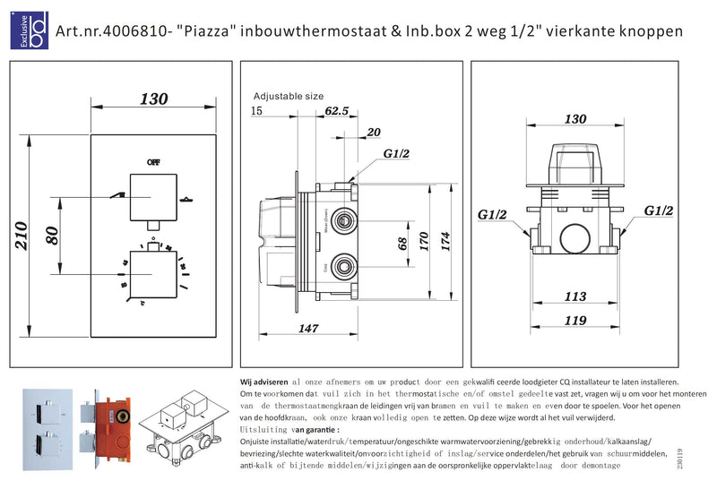 Piazza inbouwthermostaat & Inb.box 2 weg 1/2 vierkante knoppen