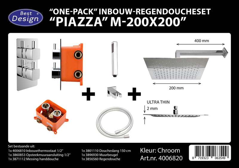 One pack inbouw-regendoucheset & Inb.box Piazza vierkant M-200x200