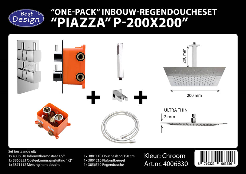 One pack inbouw-regendoucheset & Inb.box Piazza vierkant P-200x200