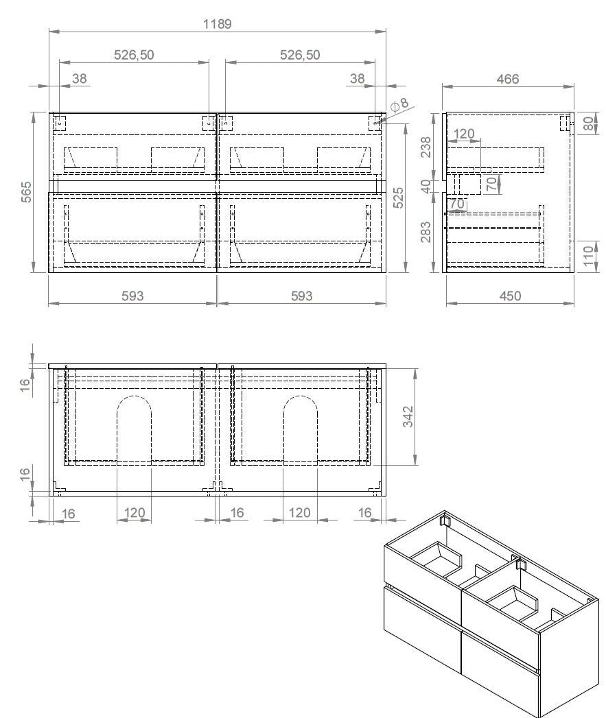 Bora-Black-Greeploos meubel onderkast 4 laden zonder wastafel 120 cm Mat-Zwart