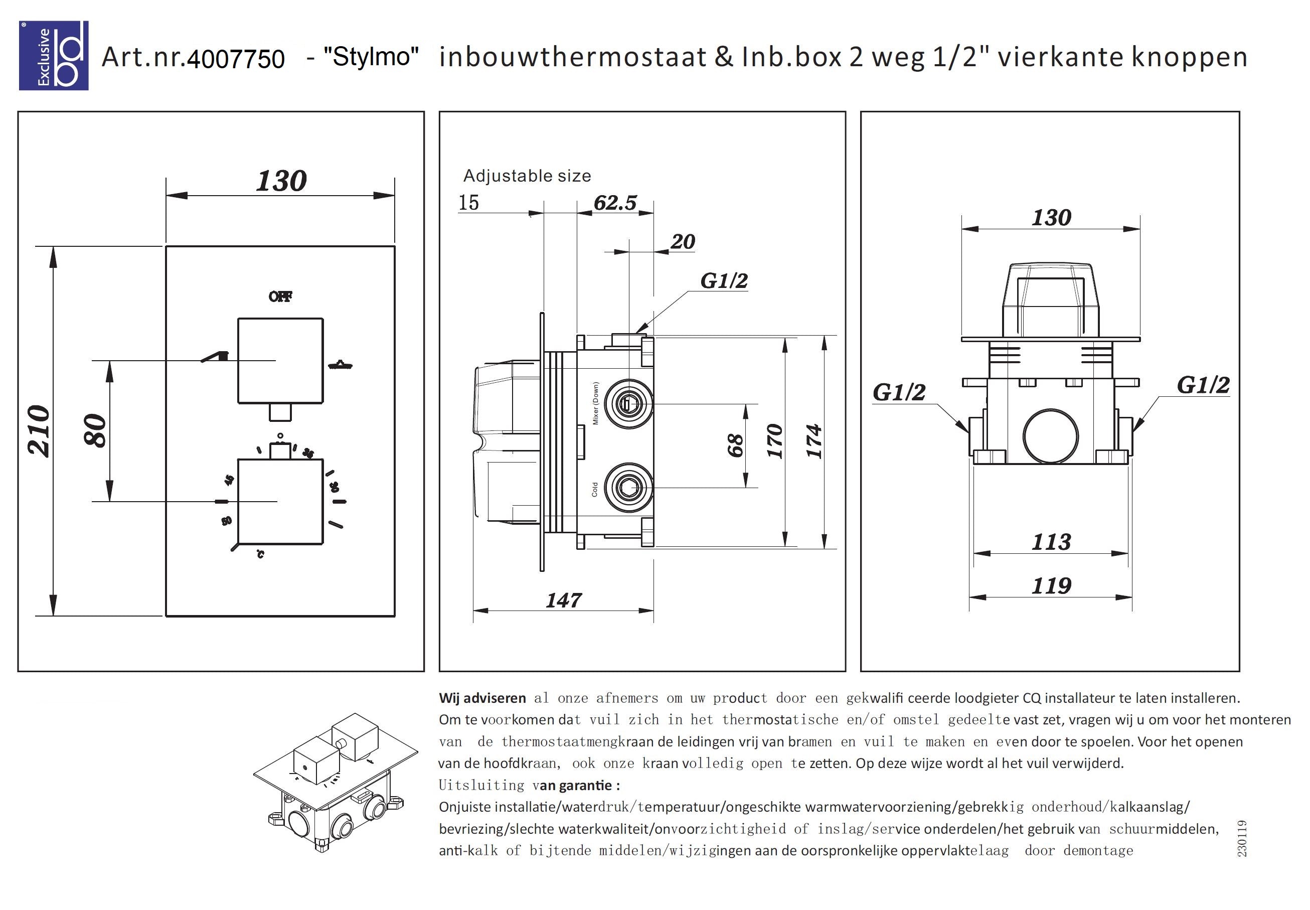 Nero-Stylmo inbouwthermostaat & inb.box 2-weg 1/2 mat-zwart