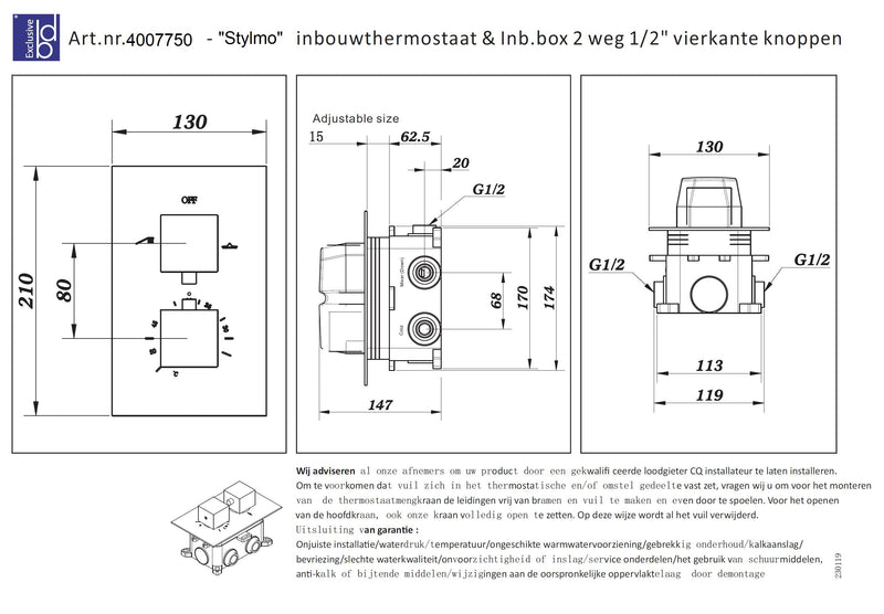 Nero-Stylmo inbouwthermostaat & inb.box 2-weg 1/2 mat-zwart