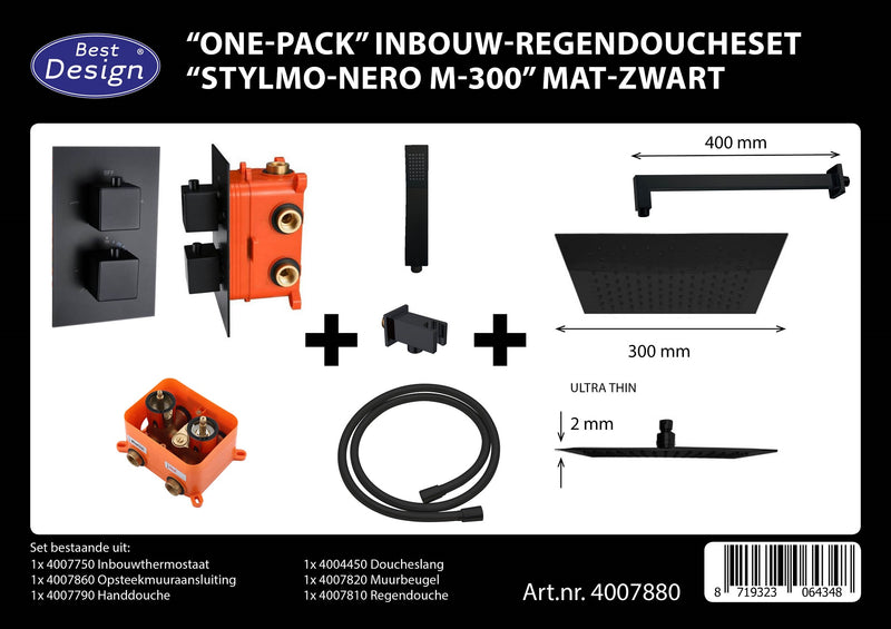 One-Pack inbouw-regendoucheset Stylmo-Nero M-300 Mat-Zwart