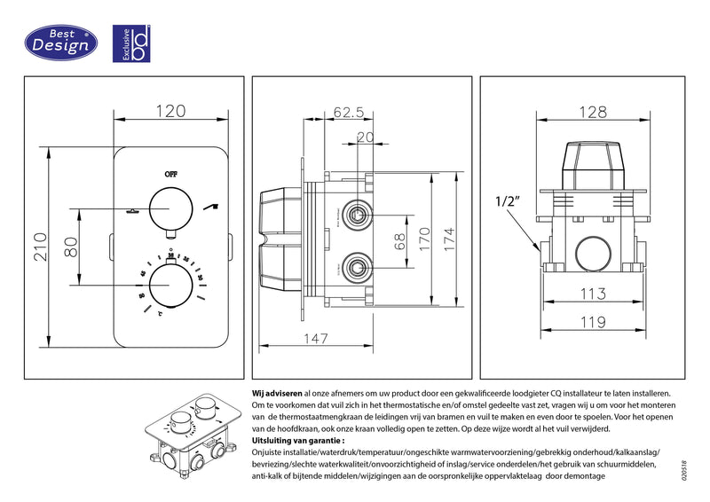 Lyon inbouwthermostaat & inb.box 2-weg 1/2 RosÃ©-Mat-Goud