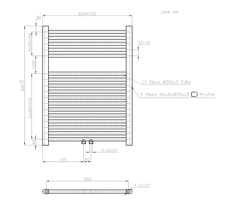 Zero-Black radiator Zwart 445 W 800x600mm