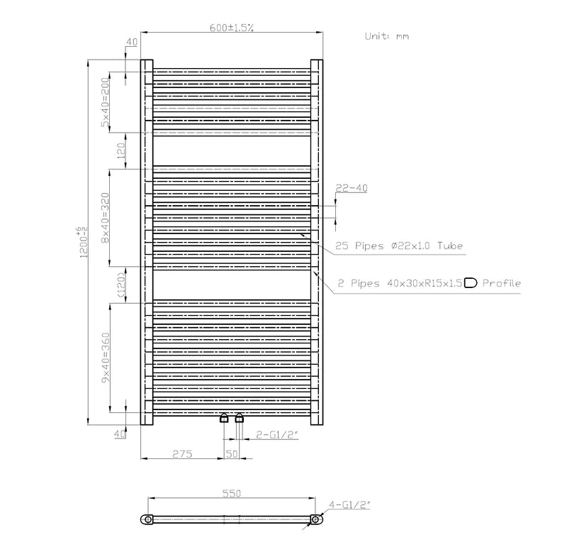 Zero-Black radiator Zwart 729 W 1200x600mm