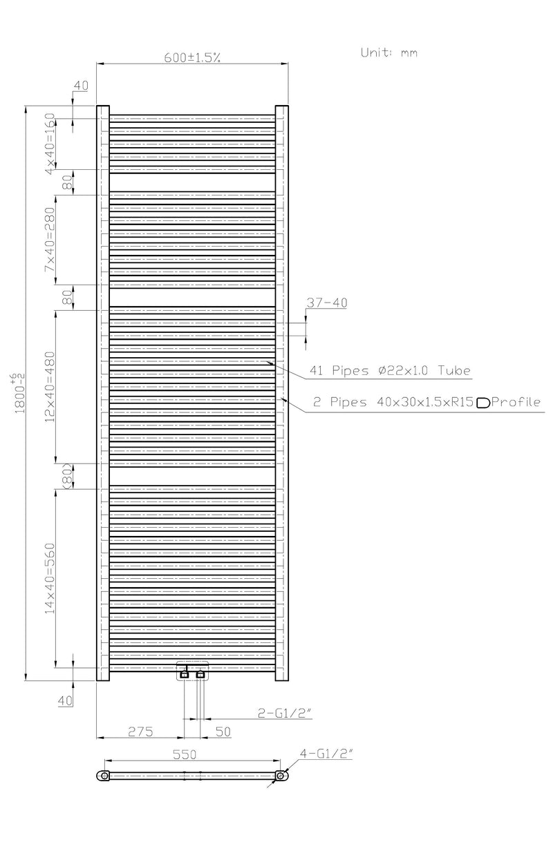 Zero-Black radiator Zwart 1269 W 1800x600mm